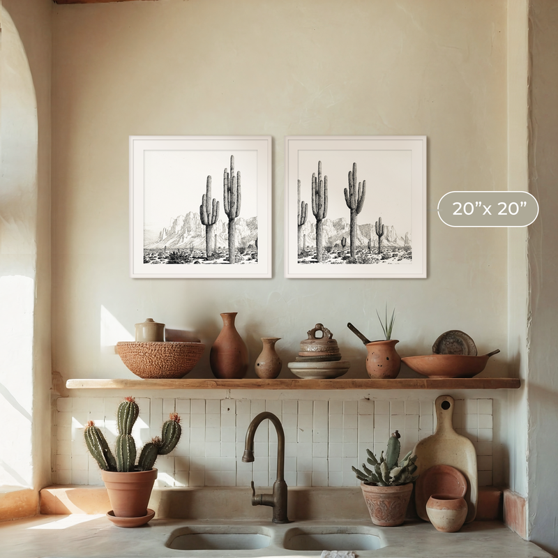 Black and White Cactus Wall Art 2-Panel Set - Sage and Rose Prints