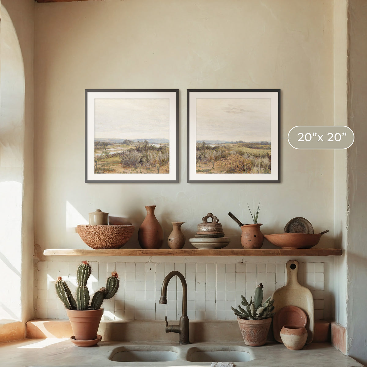 2 Piece Desert Painting with Sage Brush - Sage and Rose Prints