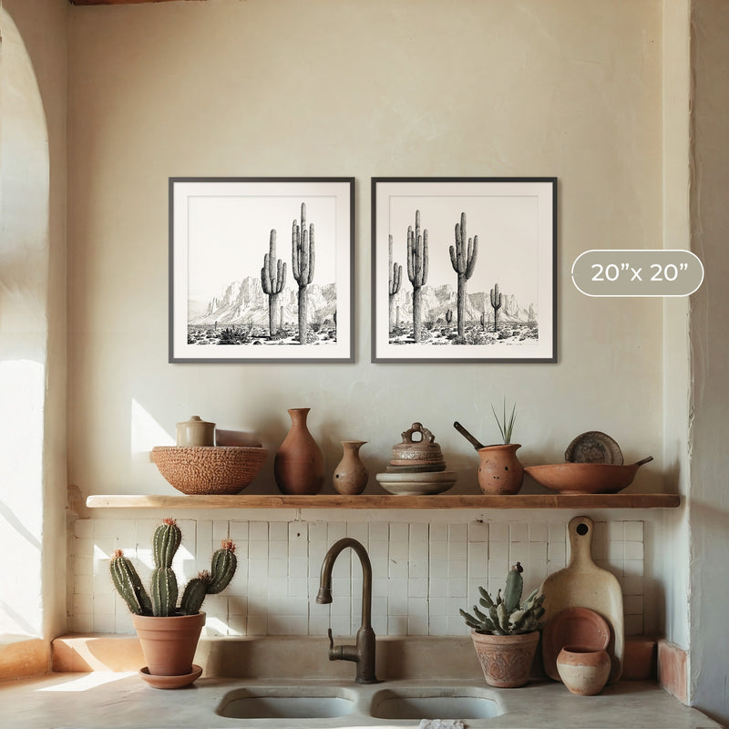 Black and White Cactus Wall Art 2-Panel Set - Sage and Rose Prints