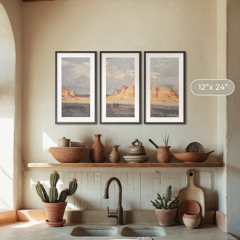 Desert Painting Triptych in Muted Blues and Orange - Sage and Rose Prints