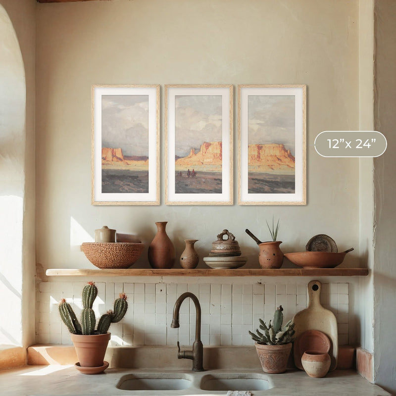 Desert Painting Triptych in Muted Blues and Orange - Sage and Rose Prints