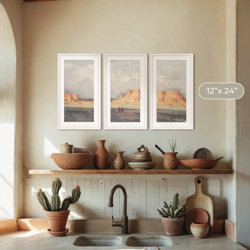 Desert Painting Triptych in Muted Blues and Orange - Sage and Rose Prints