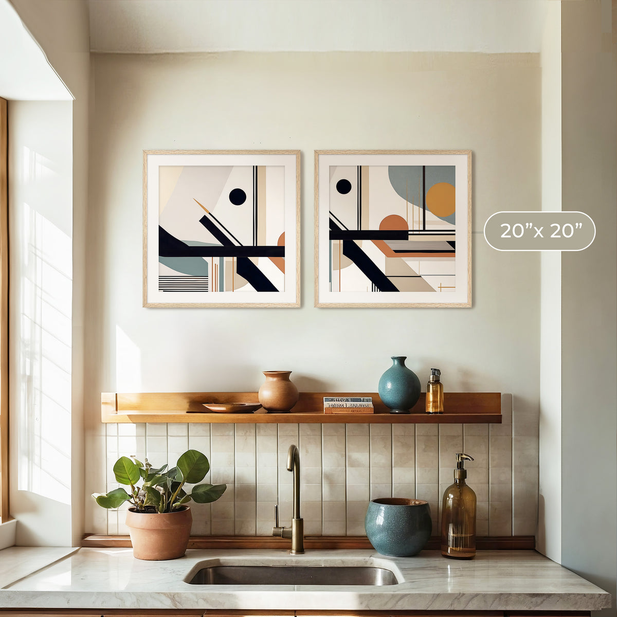 2 Piece Set of Bold Geometric Art with Moonstone Blue - Sage and Rose Prints
