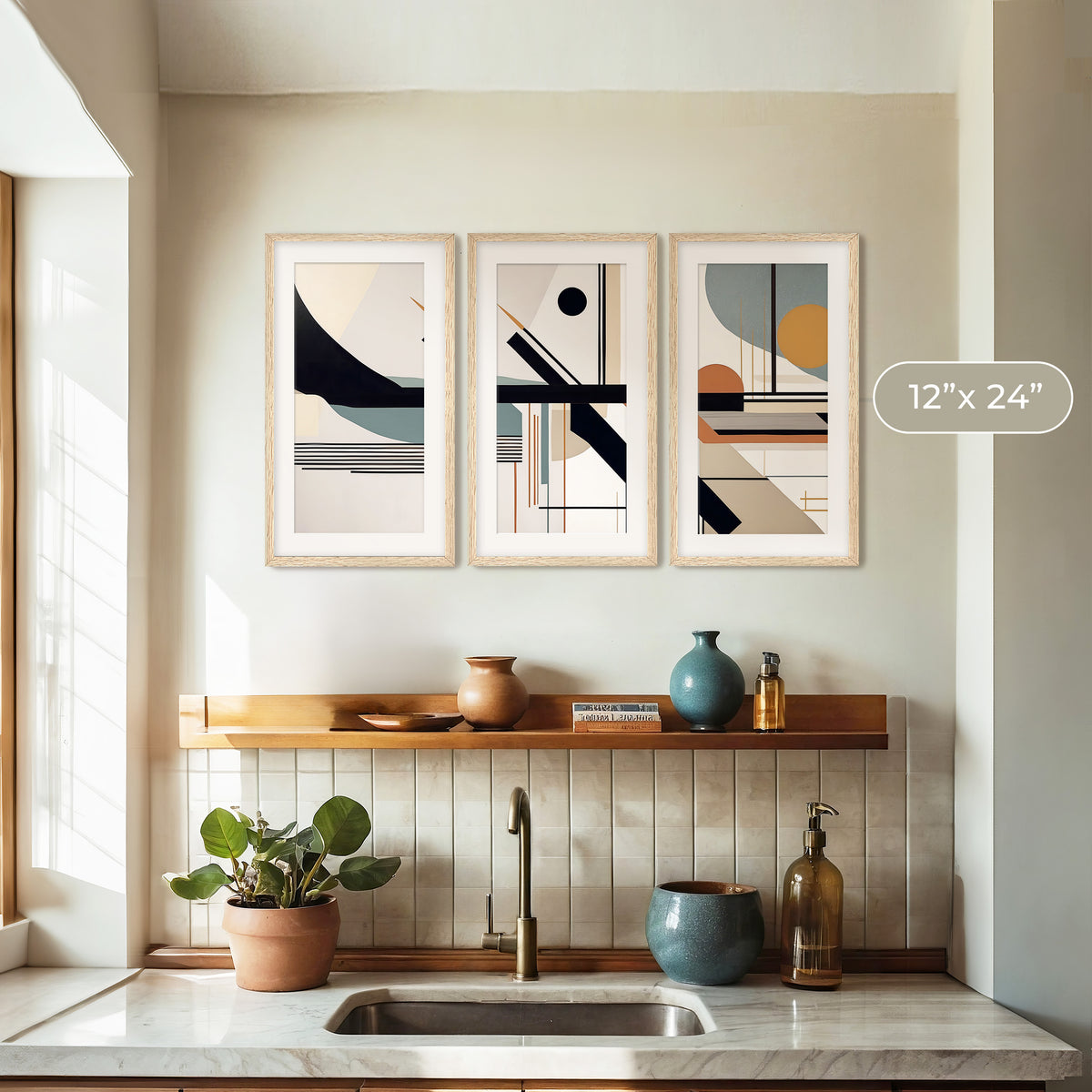 Bold Geometric Triptych with Moonstone Blue - Sage and Rose Prints