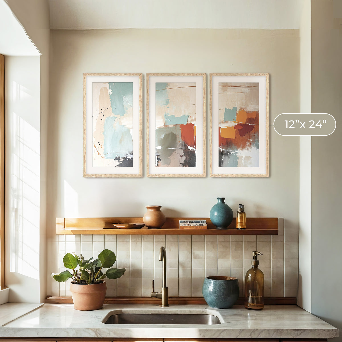 Dusty Blue and Orange Abstract Triptych - Sage and Rose Prints