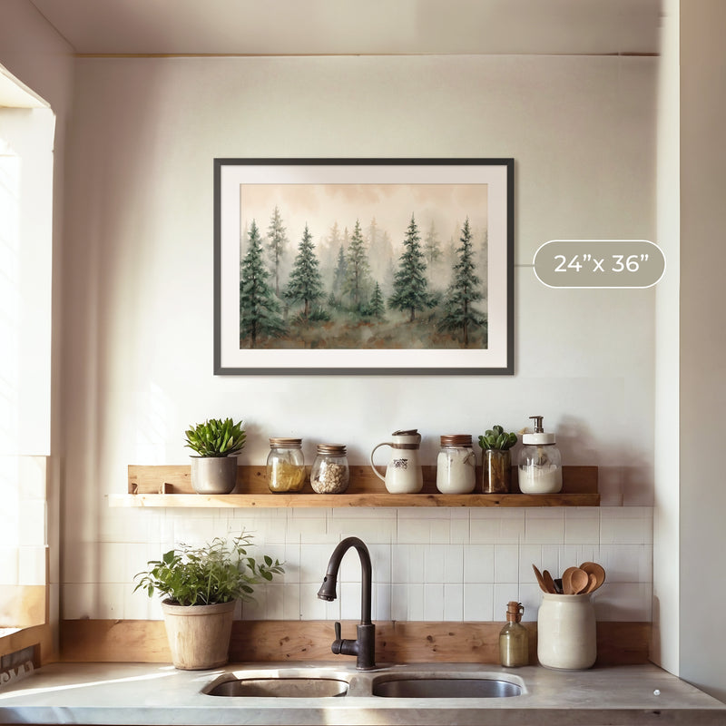 Misty Forest Watercolor in Shades of Green - Sage and Rose Prints