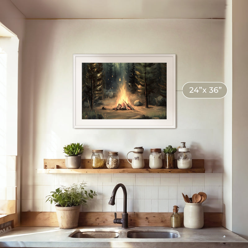 Cozy Campfire Forest Painting No2 - Sage and Rose Prints