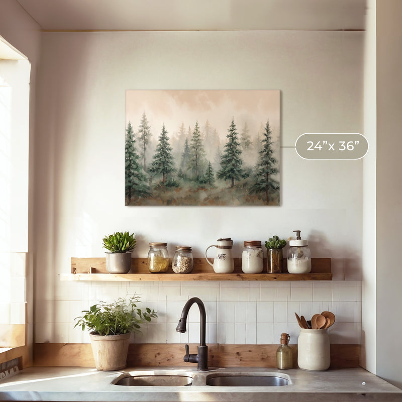 Misty Forest Watercolor in Shades of Green - Sage and Rose Prints