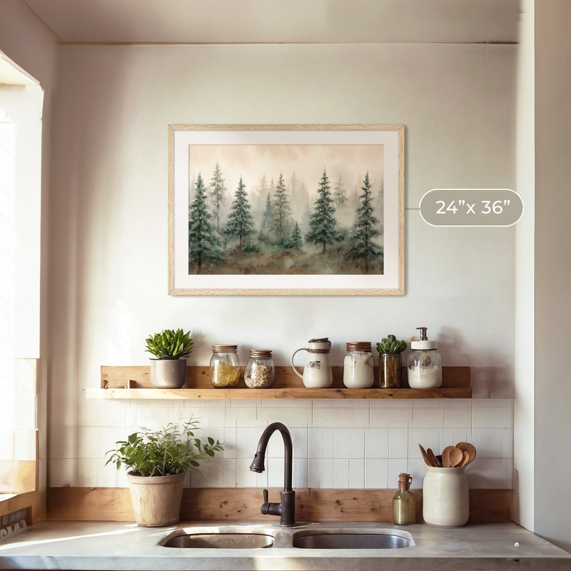 Misty Forest Watercolor in Shades of Green - Sage and Rose Prints