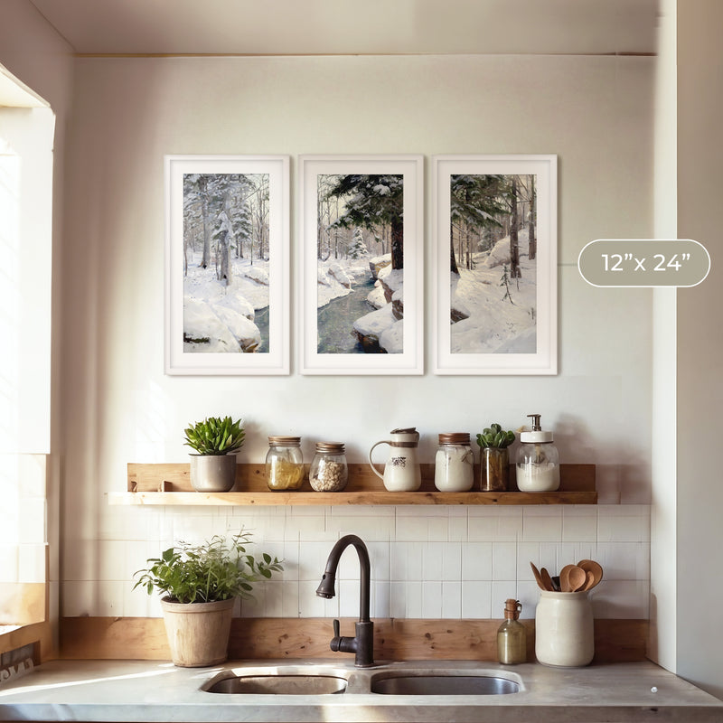 Snowy Forest Old Masters Triptych - Sage and Rose Prints