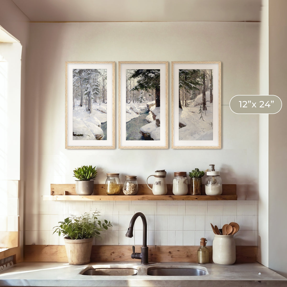 Snowy Forest Old Masters Triptych - Sage and Rose Prints