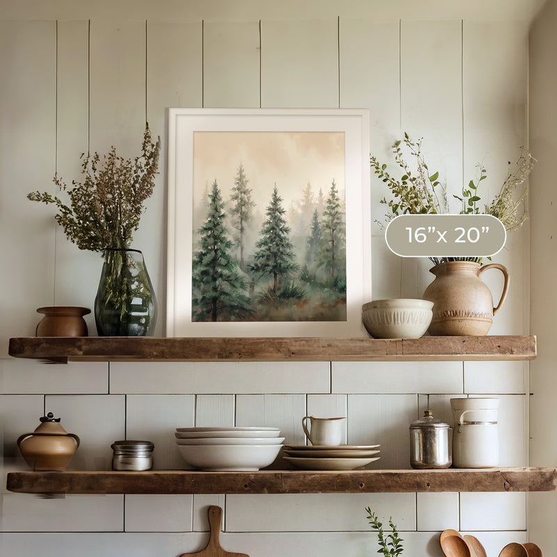 Misty Forest Painting in Shades of Green - Sage and Rose Prints
