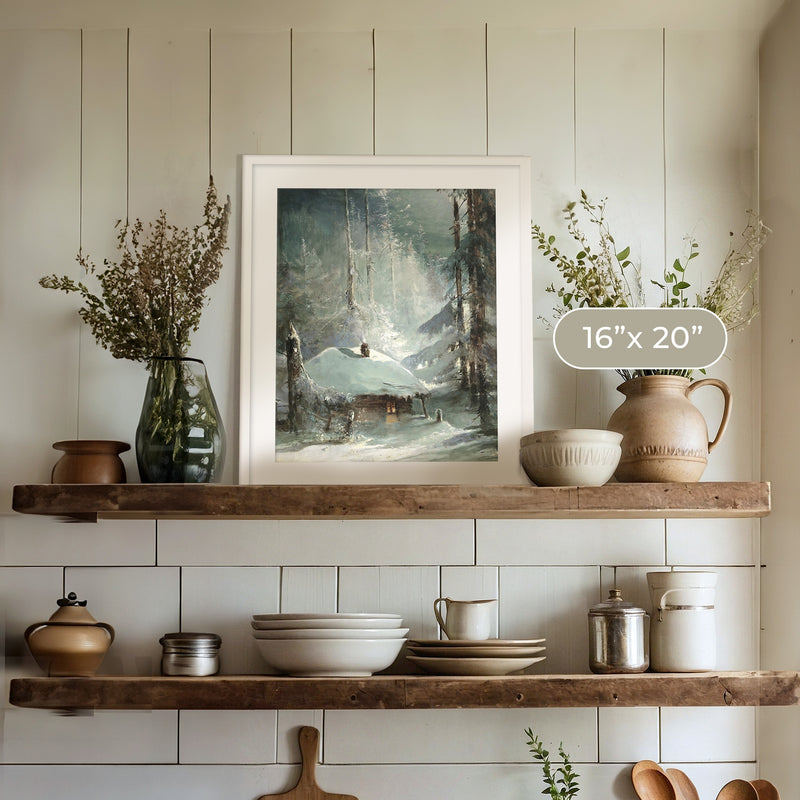 Cozy Cabin Winter Landscape Art - Sage and Rose Prints