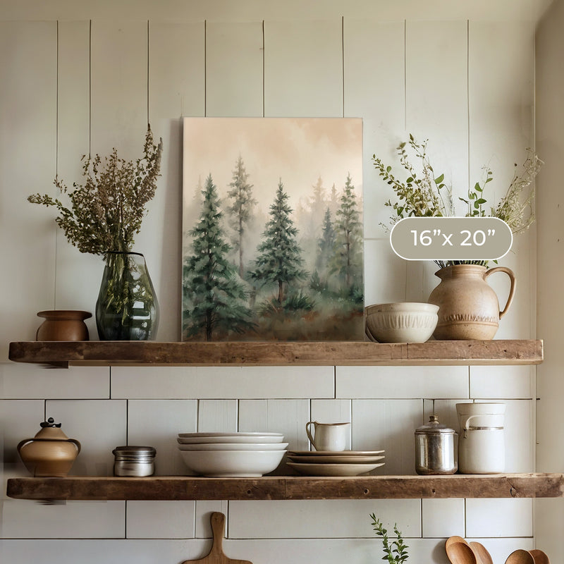 Misty Forest Painting in Shades of Green - Sage and Rose Prints