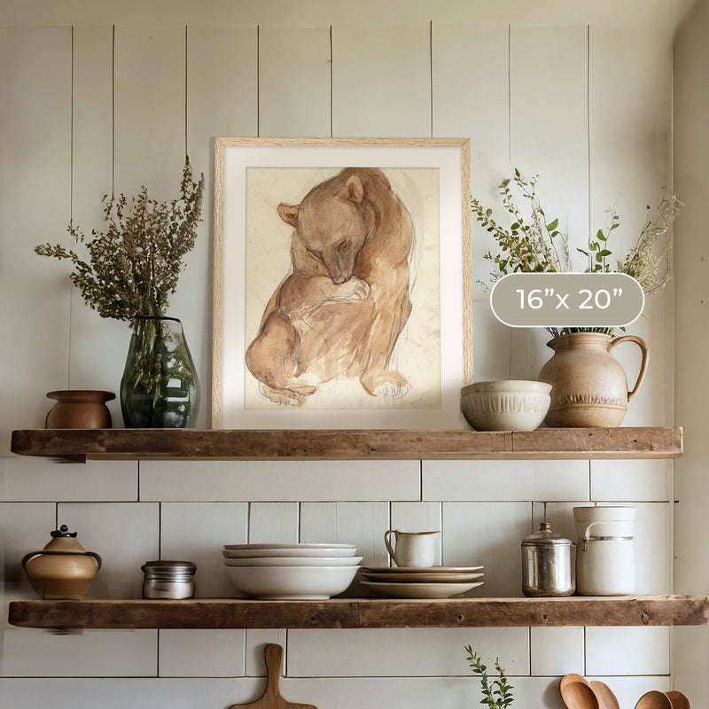 Bear Drawing in Earth Tones - Sage and Rose Prints