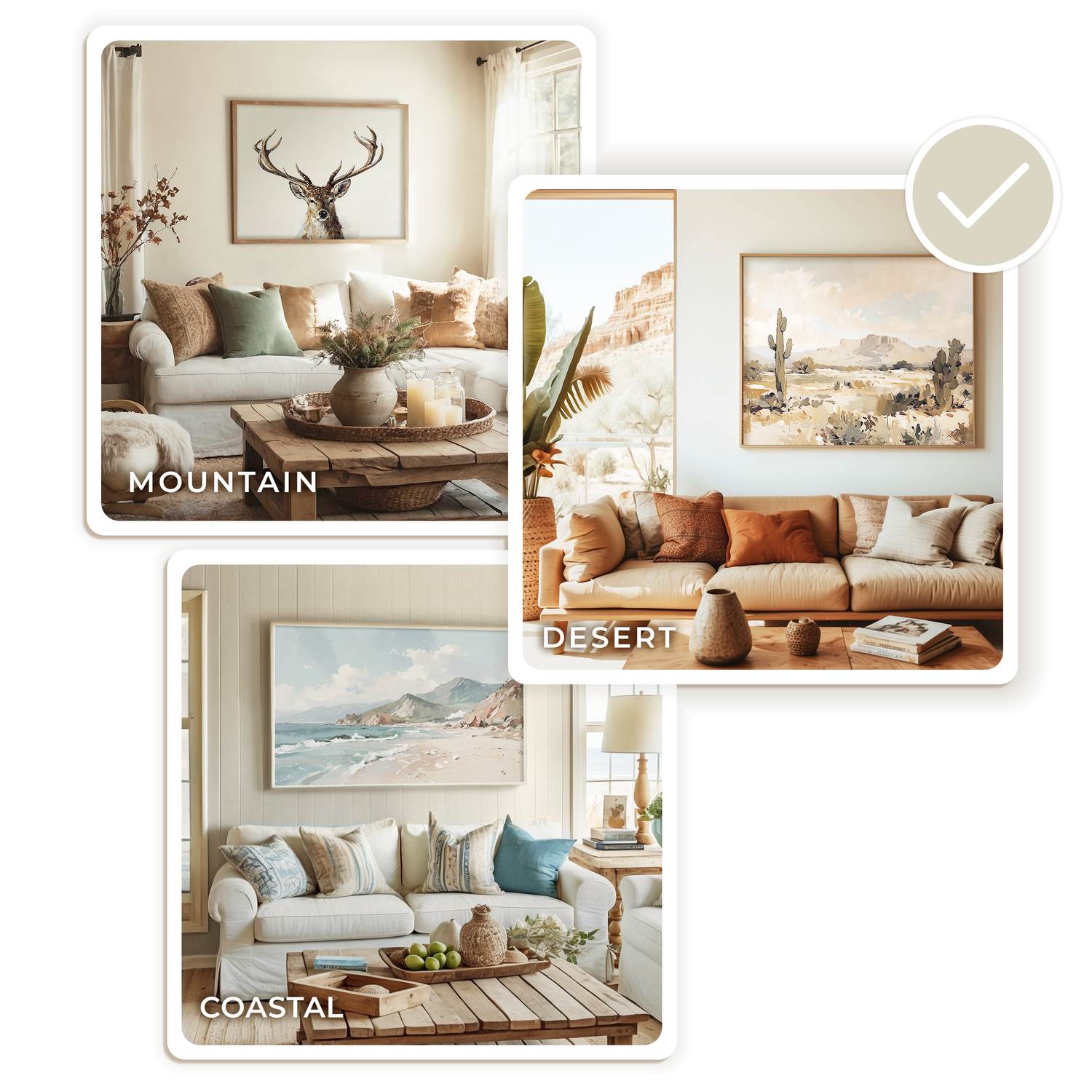 3 images of AirbnB living rooms in different interior design styles, including mountain, desert, and beach coastal. hosts can pick an interior design style and shop art for the whole house. 