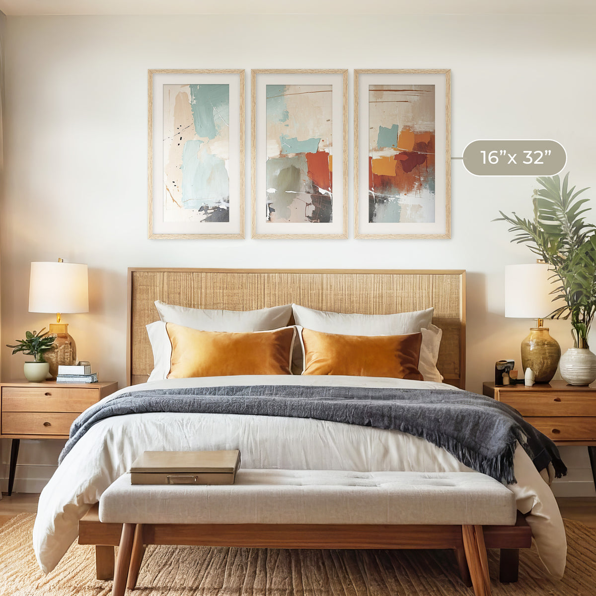 Dusty Blue and Orange Abstract Triptych - Sage and Rose Prints
