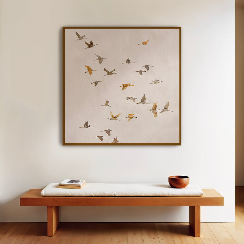 AK-29-Japandi Flock ofBirds flock Tan Watercolor - Sage and Rose Prints