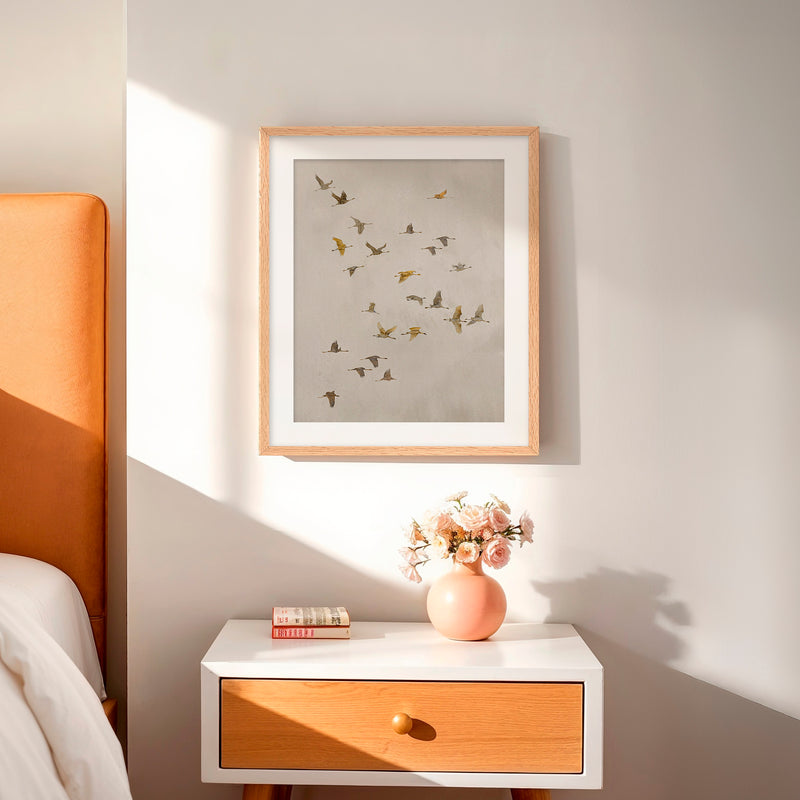 Flock of Birds Tan Japandi Watercolor - Sage and Rose Prints