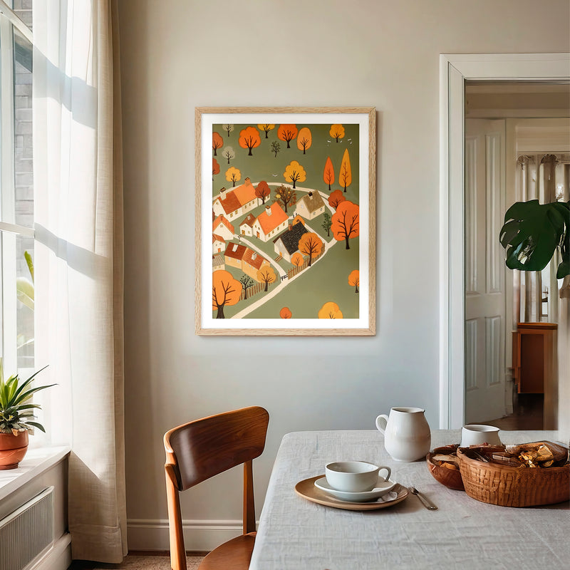 Olive Green Fall Village Illustration - Sage and Rose Prints