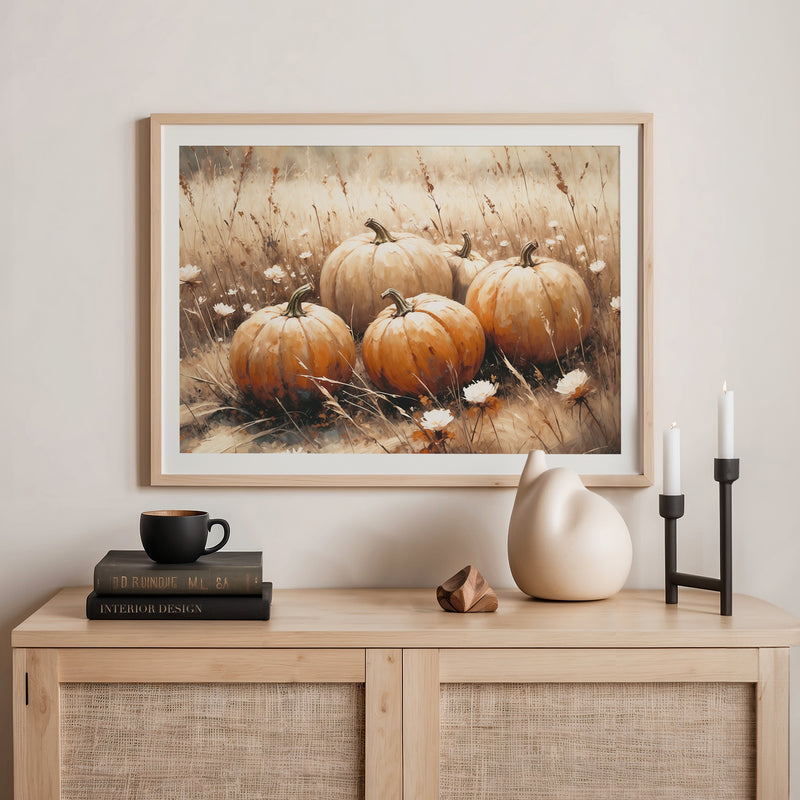 Pumpkin fall print, fall artwork with wood frame, fall wall art, fall oil painting, lfall wall decor in burnt orange and light beige Sage & Rose Prints