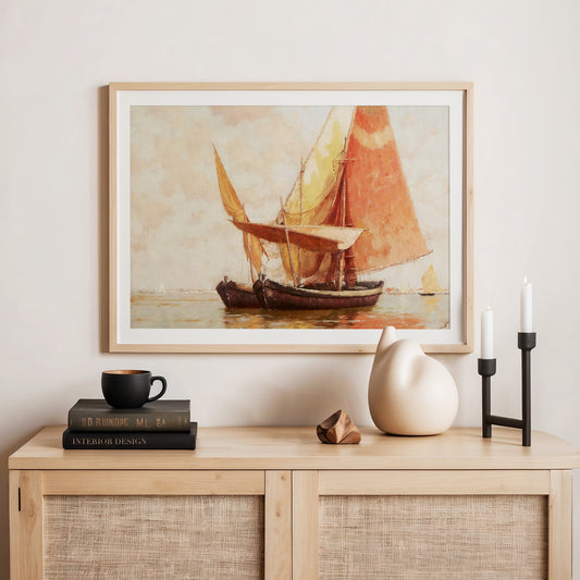 Vintage Amber Sailboat Painting Print - Sage and Rose Prints