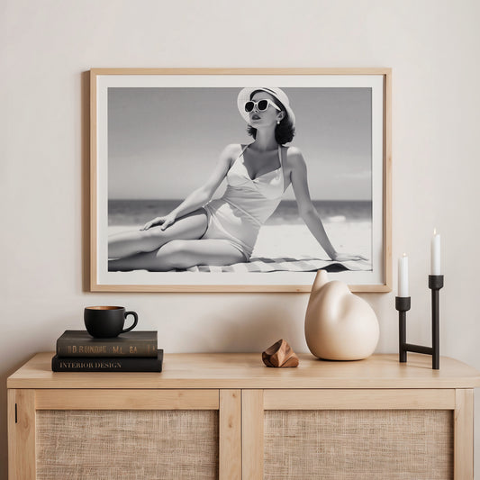 Woman Sunbathing Retro Black and White Photo - Sage and Rose Prints