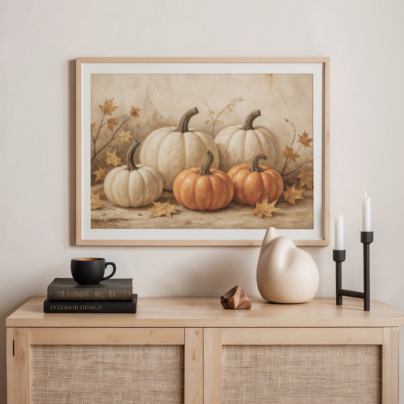 Pumpkin fall print, fall artwork with wood frame, fall wall art, fall wall decor in burnt orange and light beige Sage & Rose Prints