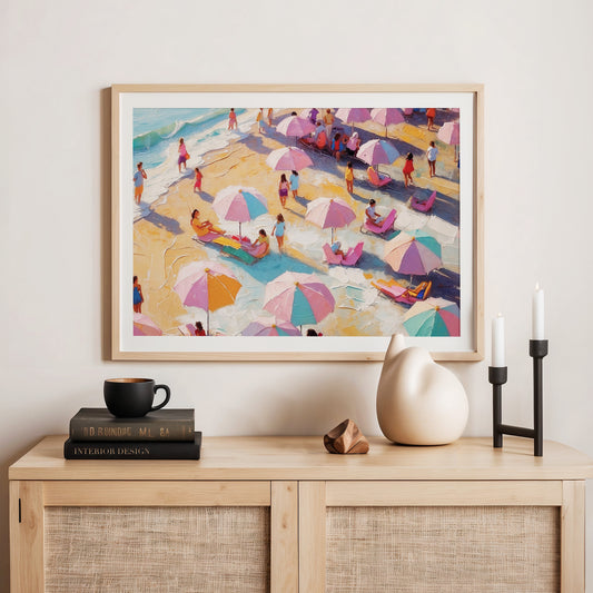 Bright Pink Umbrellas on a Crowded Beach - Sage and Rose Prints