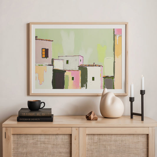 Green Abstract Village Painting Print - Sage and Rose Prints