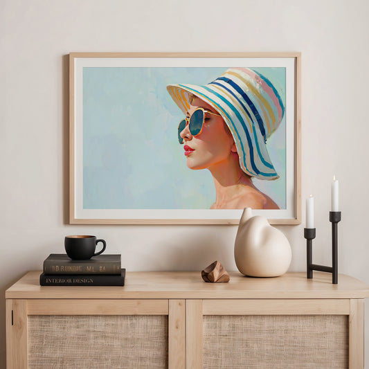 Retro Woman in a Striped Sun Hat - Sage and Rose Prints