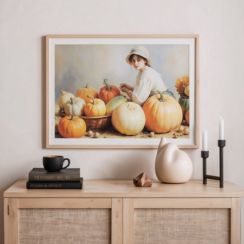 Victorian Girl with Pumpkins Fall Painting - Sage and Rose Prints