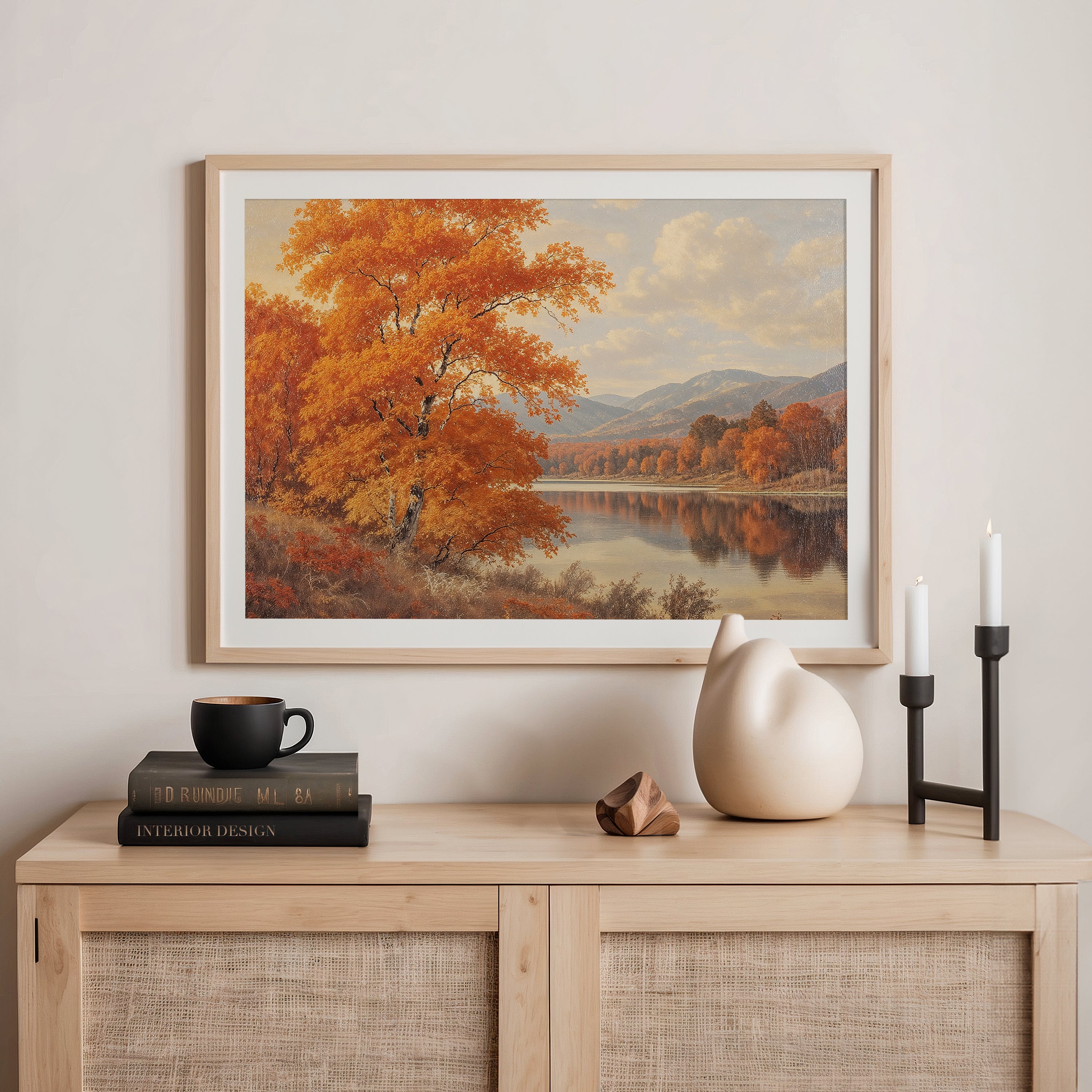 Landscape fall print, fall artwork with wood frame, fall wall art, fall wall decor in burnt orange and light blues Sage & Rose Prints