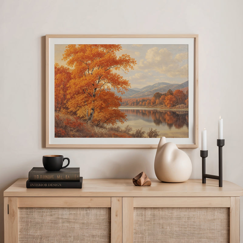 Landscape fall print, fall artwork with wood frame, fall wall art, fall wall decor in burnt orange and light blues Sage & Rose Prints