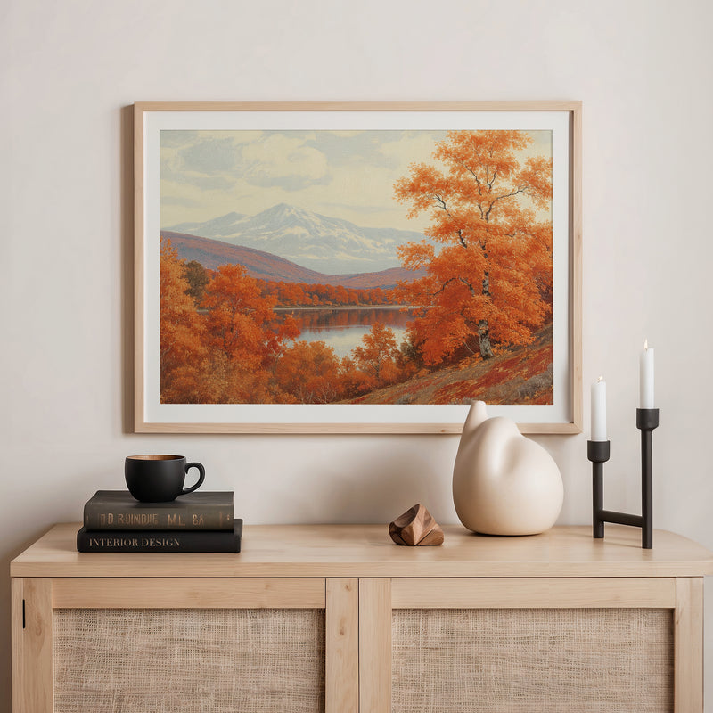 Landscape fall print, fall artwork with wood frame, fall wall art, fall wall decor in burnt orange and light blues Sage & Rose Prints