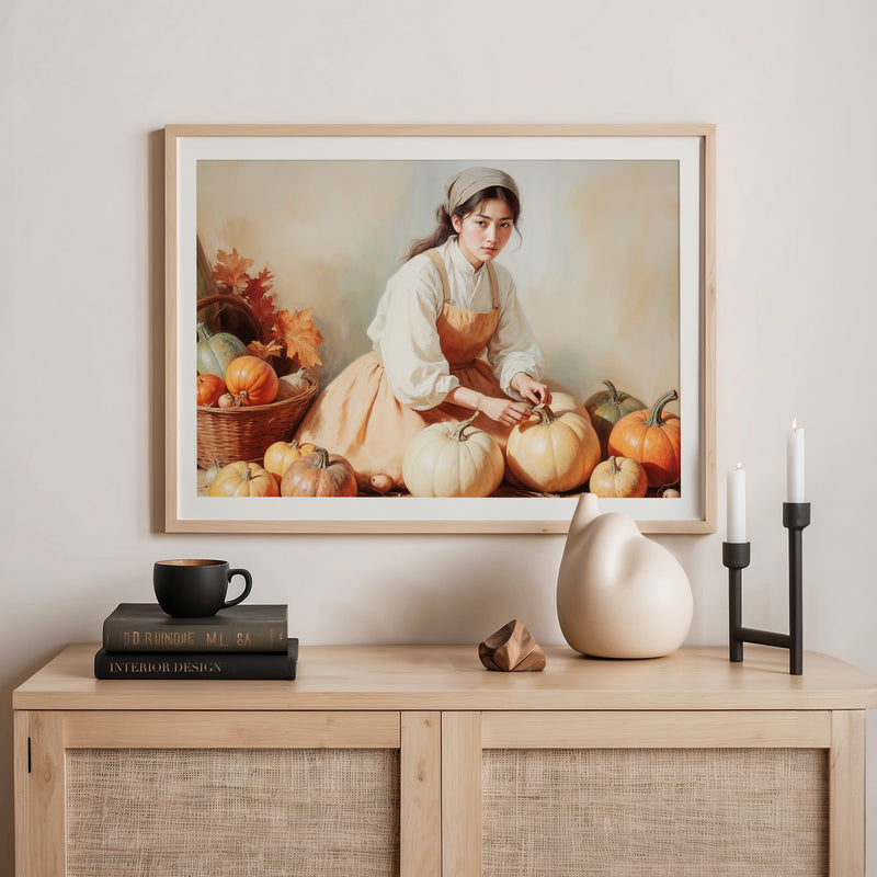 Vintage Fall Painting of Girl with Pumpkins - Sage and Rose Prints