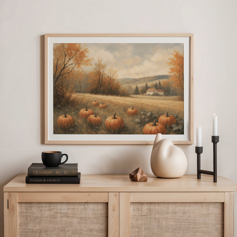 Pumpkin fall print, fall artwork with wood frame, fall wall art in burnt orange and light blues Sage & Rose Prints