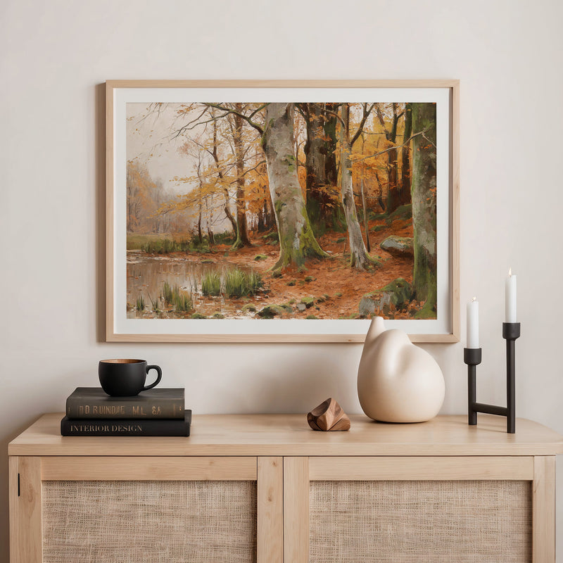 Walter Moras fall print, fall artwork with wood frame, fall wall art, fall forest, autumn trees, vintage style, rustic, fall painting, fall wall decor in burnt orange and light beige, Sage & Rose Prints