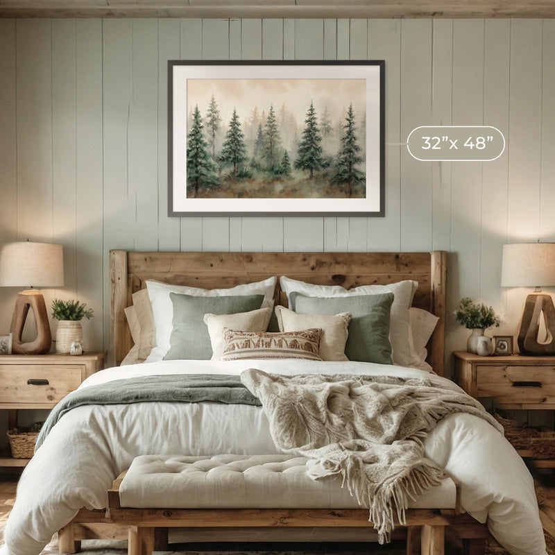 Misty Forest Watercolor in Shades of Green - Sage and Rose Prints
