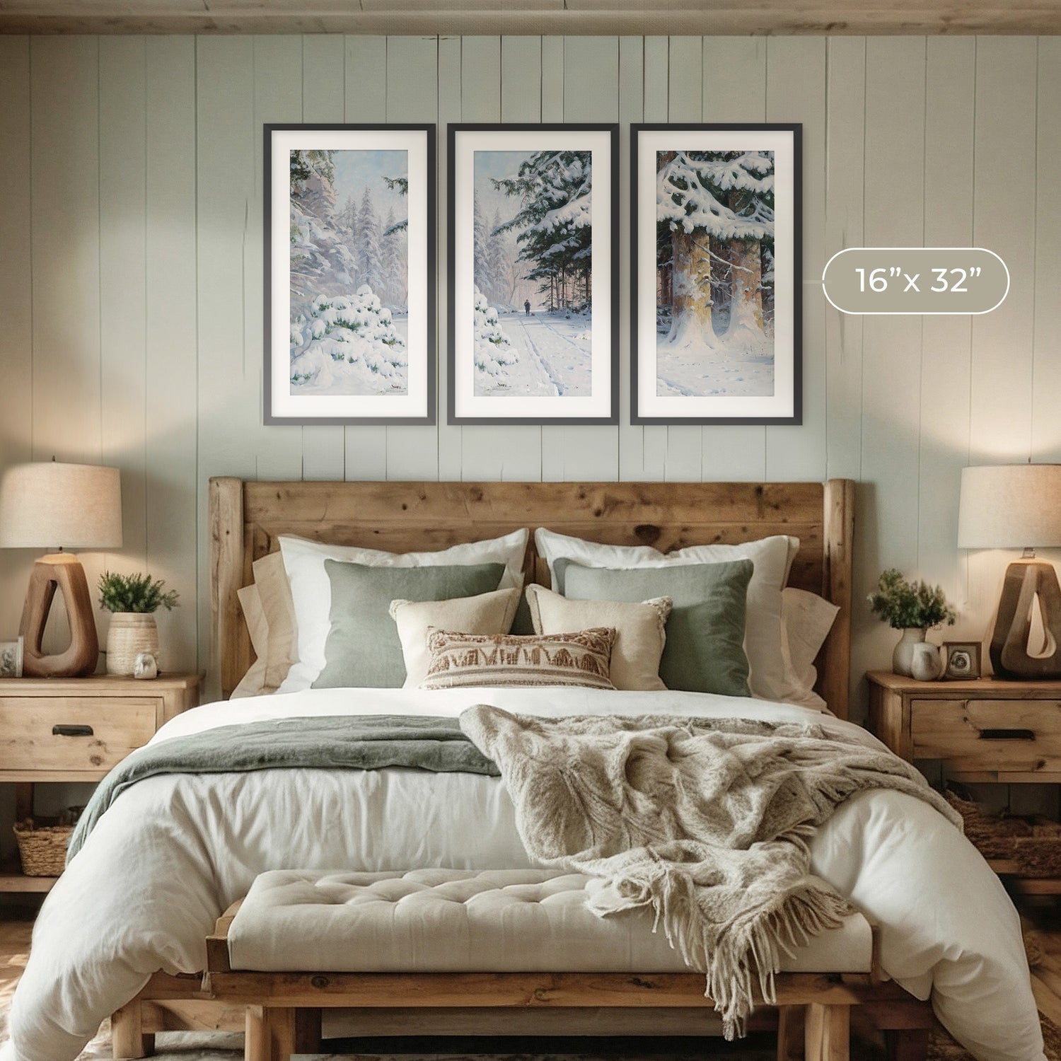 mountain cabin bedroom with forest themed art on the wall