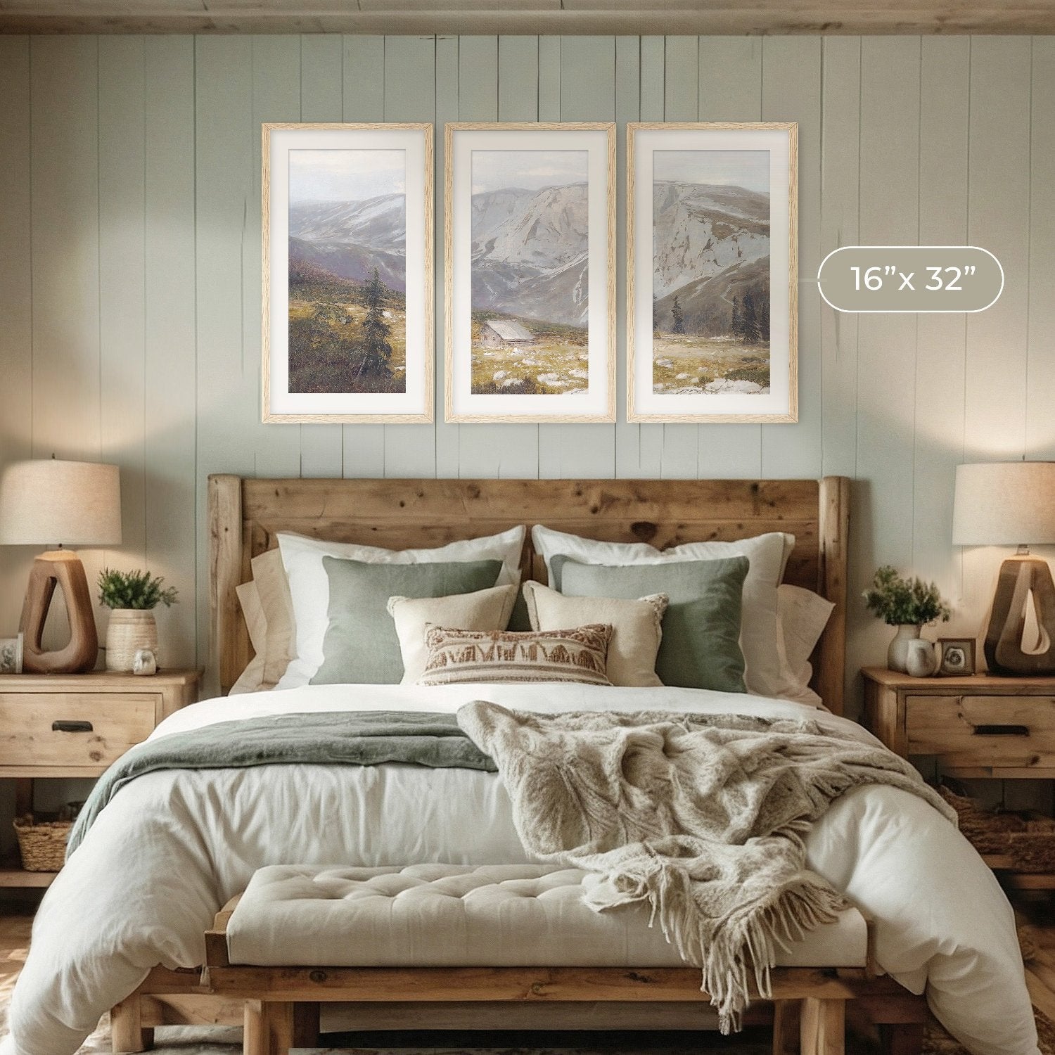 Nature Painting of mountains designed for AirBnB rental interior decorating by Sage and Rose Prints