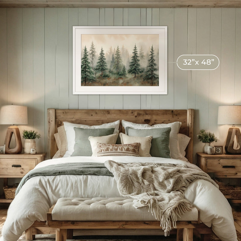 Misty Forest Watercolor in Shades of Green - Sage and Rose Prints