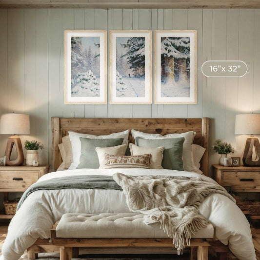 mountain cabin bedroom with forest themed art on the wall