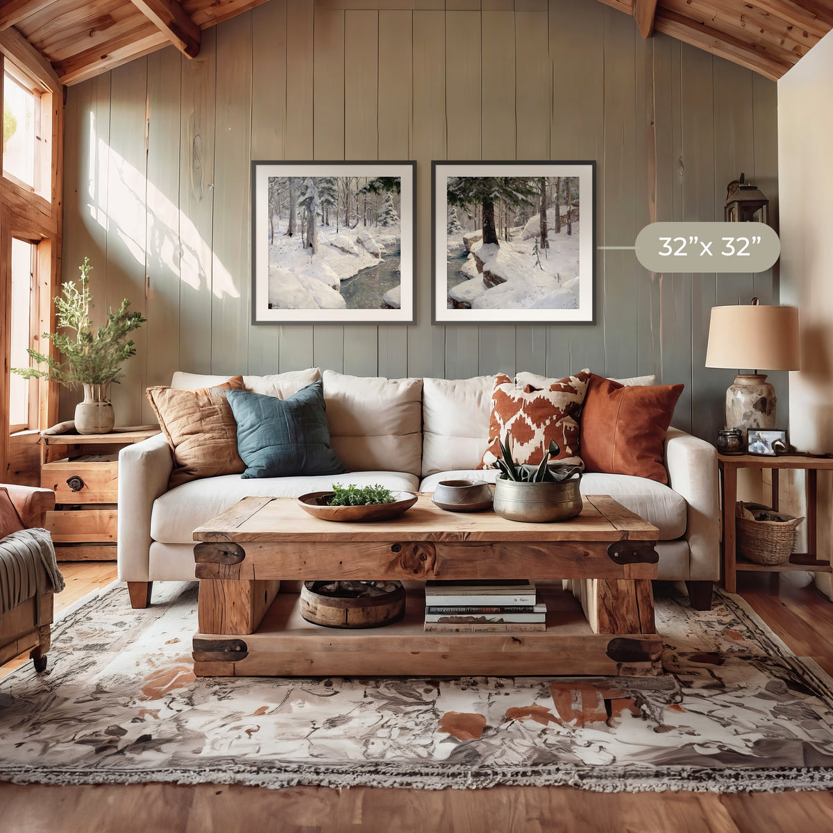 Snowy Forest Old Masters 2-Panel Art Set - Sage and Rose Prints