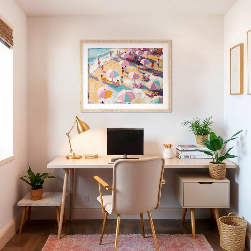Bright Pink Umbrellas on a Crowded Beach - Sage and Rose Prints