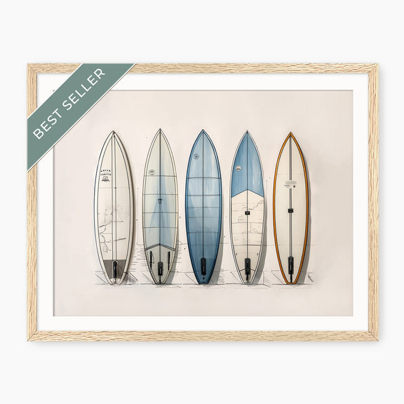 Surfboard Wall Art in Blues and Tans - Sage and Rose Prints